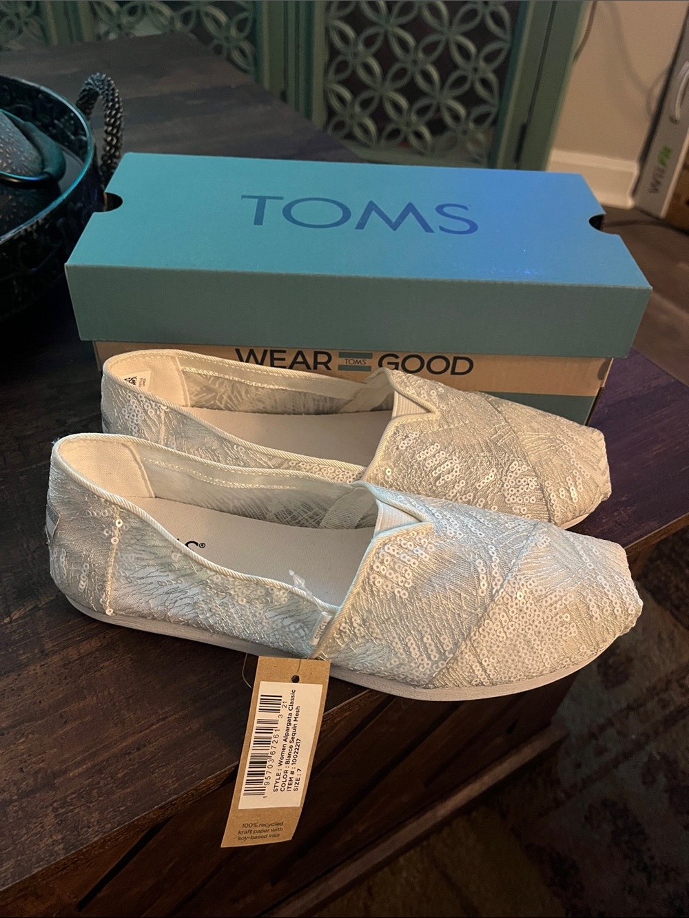 Toms Ivory Sequin Slip-On Flats